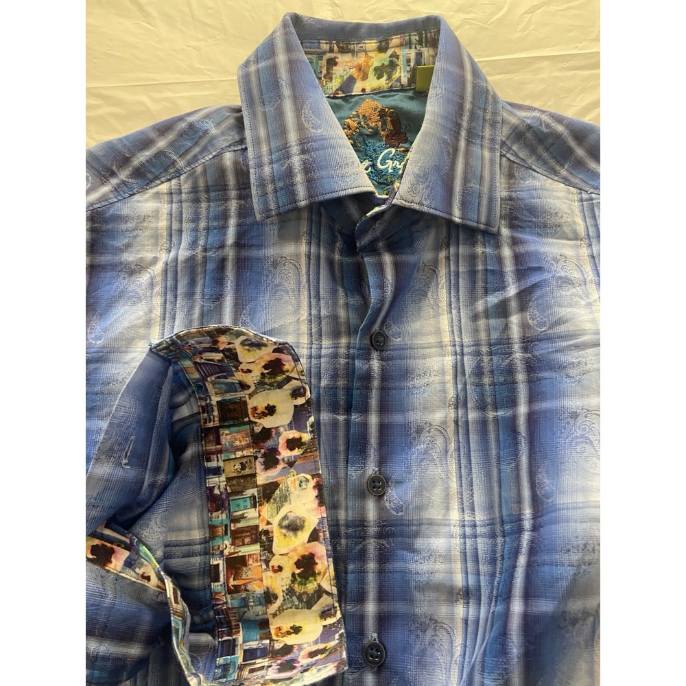Men's Robert Graham Blue Plaid With Pasley Hidden Details-Flip‎ Cuff-Size Med